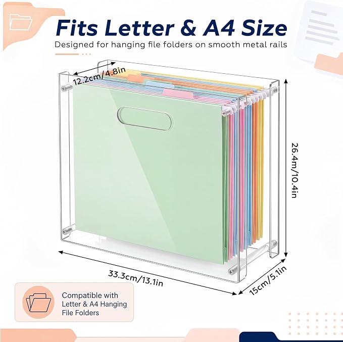 SiliFine Clear Acrylic Hanging File Organizer Box with Handles, 13.6 x 10.4 x 5.1 Inches Narrow Desktop Document Holder for Letter A4 Size, Paper Storage Rack for Desk Office Home