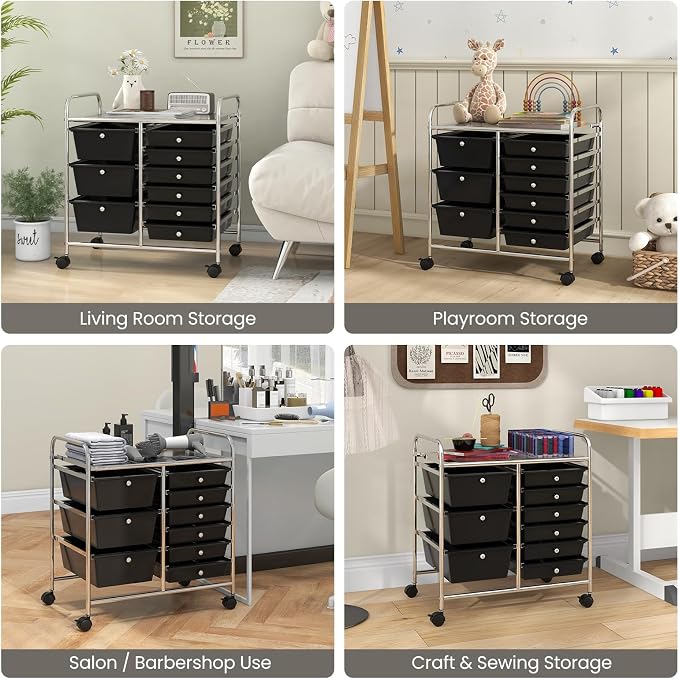 Moccha 9-Drawer Rolling Storage Cart - Under Desk Storage Drawers with wheels for Craft Art Supply Paper Salon, Scrapbook Paper Tools, Mobile Utility Cart for Classroom, Black