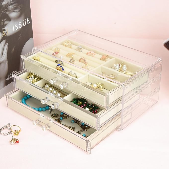 Weiai 3 Drawer Acrylic Jewelry Box Organizer Earring Storage Case Tray for Women