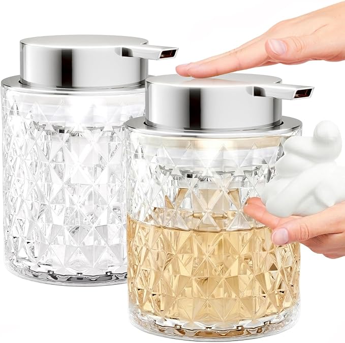 Bathroom Accessory Set, Foaming Soap Dispenser 2Pack, Glass Hand Foaming Soap Dispenser, Refillable Clear Pump Bottles for Liquid or Lotion, Crystal Decorative Handwash Dispenser for Bathroom, Kitchen