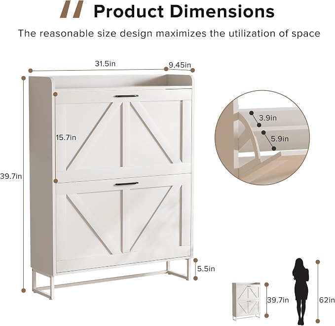 EOYUTLLY Shoe Cabinet for Entryway with 2 Flip Drawers,Narrow Wooden Shoe Storage Cabinet with Metal Legs,Hold 24 Pairs, 4-Tier Adjustable Shelves–Freestanding Hidden Shoe Organizer for Hallway, Foyer