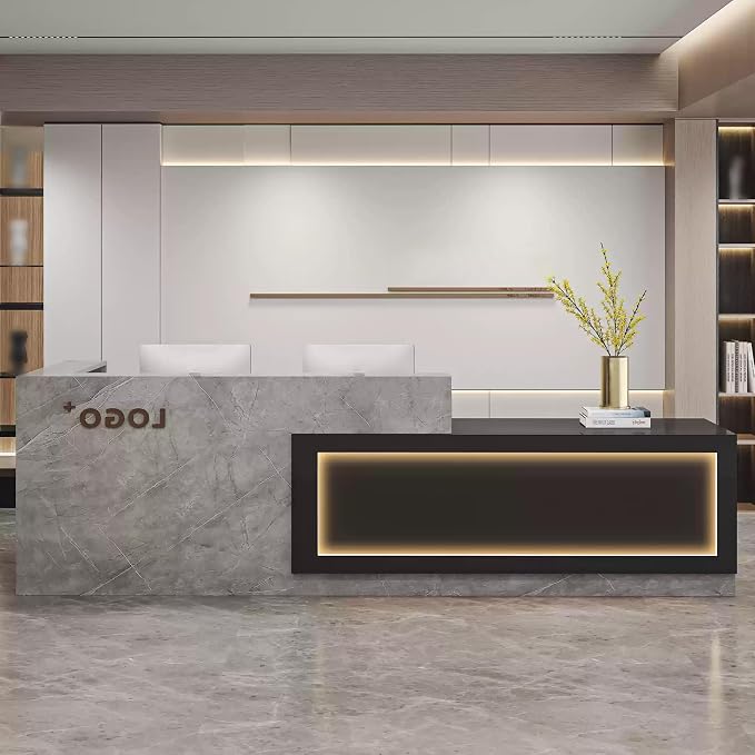 Modern Reception Desk with Counter, Front Desk Reception Counter with Lockable Drawer, Keyboard Tray & Storage Cabinet, Solid Wood Receptionist Table for Salon Office Lobby (C - Right, L 160cm/63in)