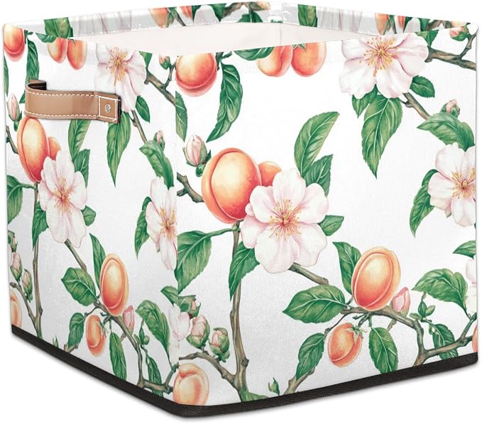 TropicalLife Floral Peach Storage Cube, 13 Inch Fabric Cube Storage Organizer Bin for Shelves Clothes, Decorative Foldable Storage Boxes