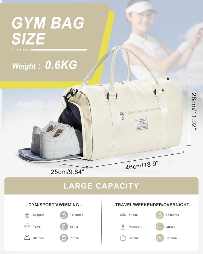 Gym Bag Womens Mens with Shoes Compartment and Wet Pocket Travel Duffel Bag for Women for Plane Sport Gym Tote Bags Swimming Yoga Small Waterproof Weekend Overnight Carry on Bag Hospital Holdalls