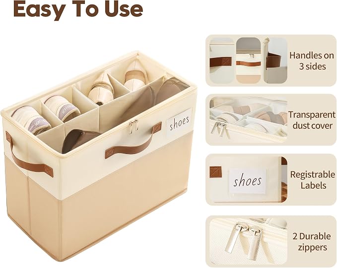 Varhomax Shoe Organizer Box for Closet, Small Fabric Shoe Storage Bin with Adjustable Dividers & Clear Cover, Saving Space Sneakers & Sandals Containers for Entryway, Cubby