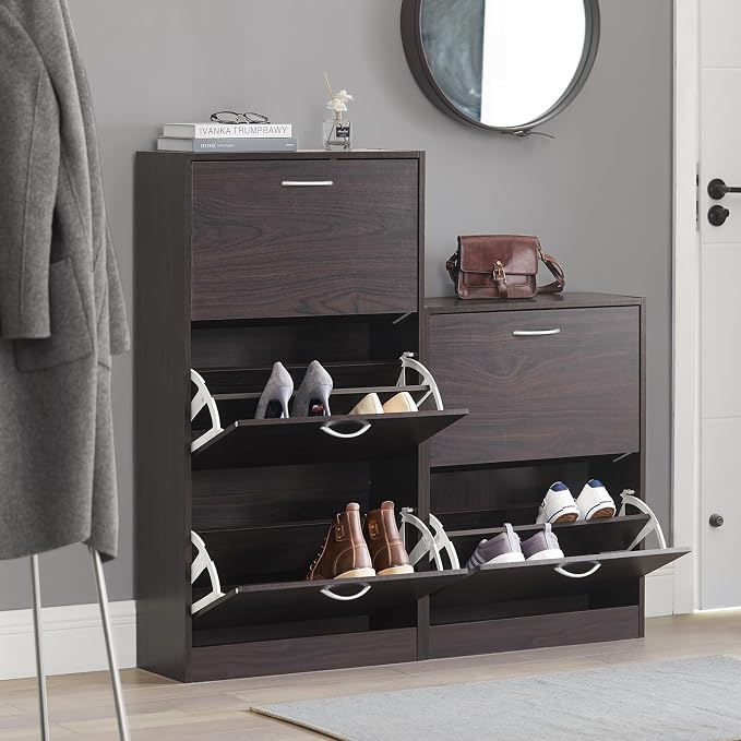 Haotian Shoe Cabinet for Entryway, Tall Freestanding Shoe Rack with 3 Flip-Drawers, Hidden Storage Shoe Organiazer Entrance Hallyway, Brown, FSR110-BR
