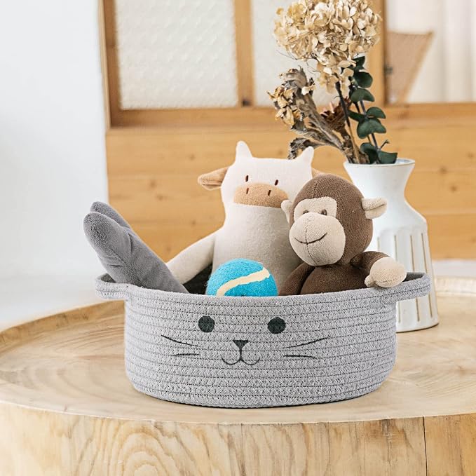 Small Woven Rope Storage Basket, Cute Cat Toy Basket for Living Room, Baby Baskets for Nursery, Gift Baskets Empty for Baby Shower, Grey, 9.8 x 4 inches