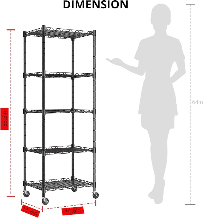 REGILLER 5-Wire Shelving Metal Storage Rack Adjustable Shelves,Standing Storage Shelf Units for Laundry Bathroom Kitchen Pantry Closet(Black,11.8" D x 16.6" W x 53.5" H,With Wheels)