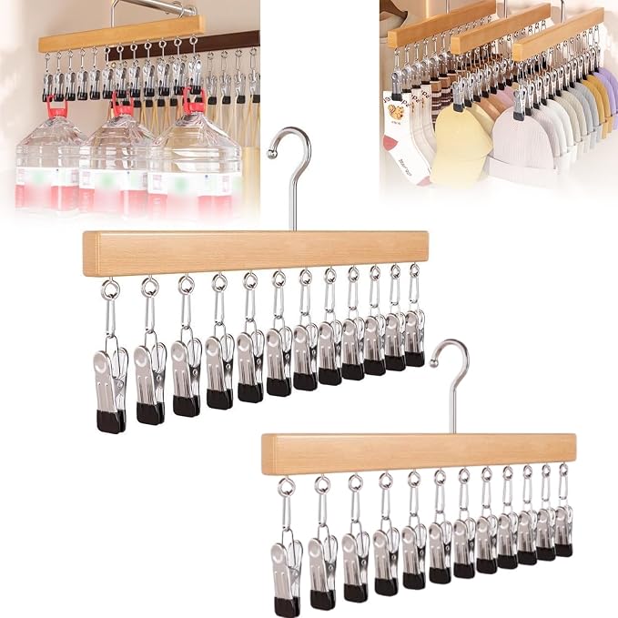 Closet Organizer with 12 Clips, Space Saving Hanging Closet Storage for Hats, Scarves, Jeans, Skirts, Socks, Pants, Multi-Purpose Clip Hanger(Wood TypeA*2)