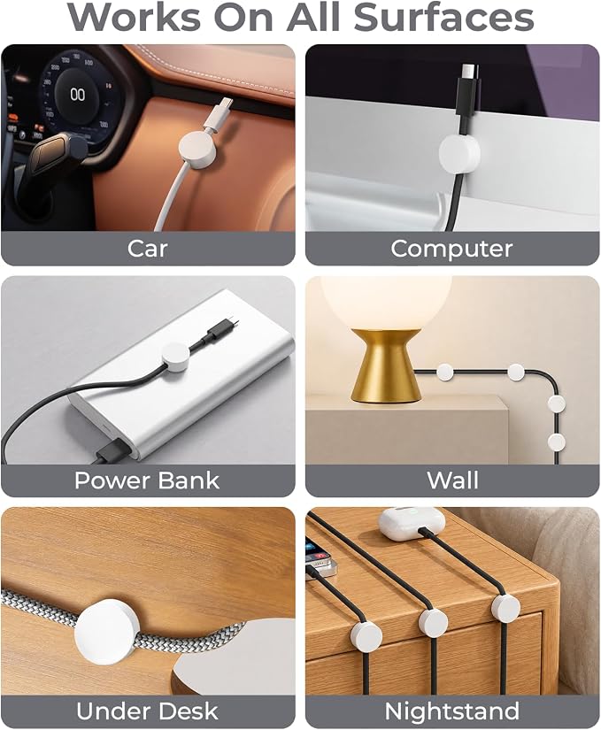 Maveek 5 Sets Magnetic Cable Management Clips with Discs, Adhesive Cable Holder Electrical Wire Clips Cord Organizer for Desktop Wall Kitchen USB LAN Type-c (White)