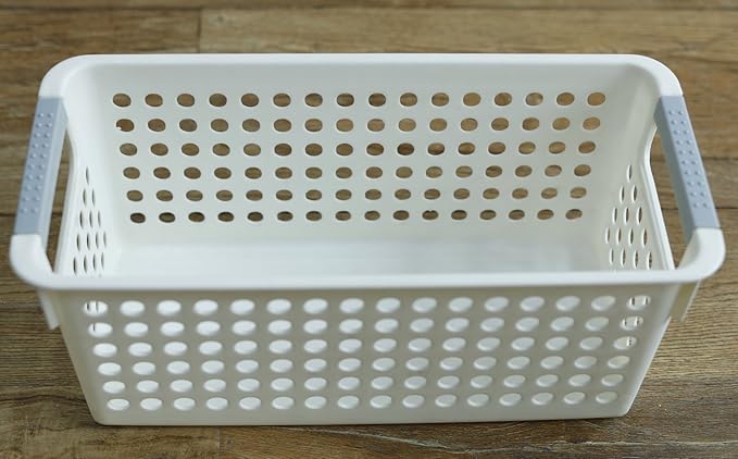 Basicwise Rectangular Plastic Storage Basket with Easy-Grip Handles Ventilated Organizer Bin for Bathroom Pantry Closet Laundry Kitchen Shelves Countertops and Home Organization Essentials, White
