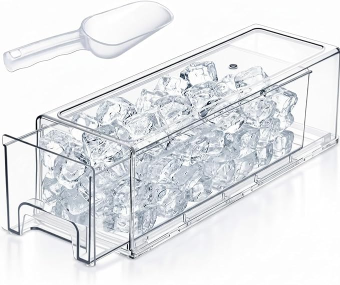 Havawish 1 Set Ice Container for Freezer with Scoop, Ice Storage Bin with Lid, Pull out Freezer Bin Organizer for Refrigerator, Clear Stackable Holder, Medium 12.6 x 4.7 x 4.3 Inch
