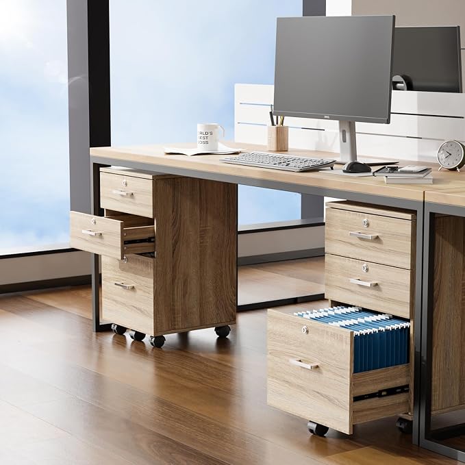 VINGLI 3-Drawer File Cabinet with Lock, Wood Rolling Filing Cabinets for Home Office, Mobile Printer Stand, Under Desk File Organizer for Letter Sized Files, 26" H(Caster Included), Oak