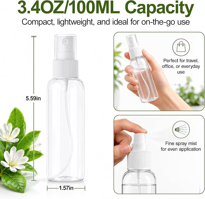 5-Pack Spray Bottles 3.4oz, Small Spray Bottle Empty Clear Plastic Bottle | Clear Plastic for Travel, for essential oils, perfume, cosmetics, cleaning, gardening, skin care, travel leak-proof