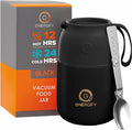 ENERGIFY Vacuum Insulated Food Jar. Large 17oz Bowl incl. Folding Spoon, Cup. Wide Mouth Keep Hot & Cold Drinks Soup Lunch Container for Adults. BPA-Free Stainless Steel, Leak Prooff Black Matte