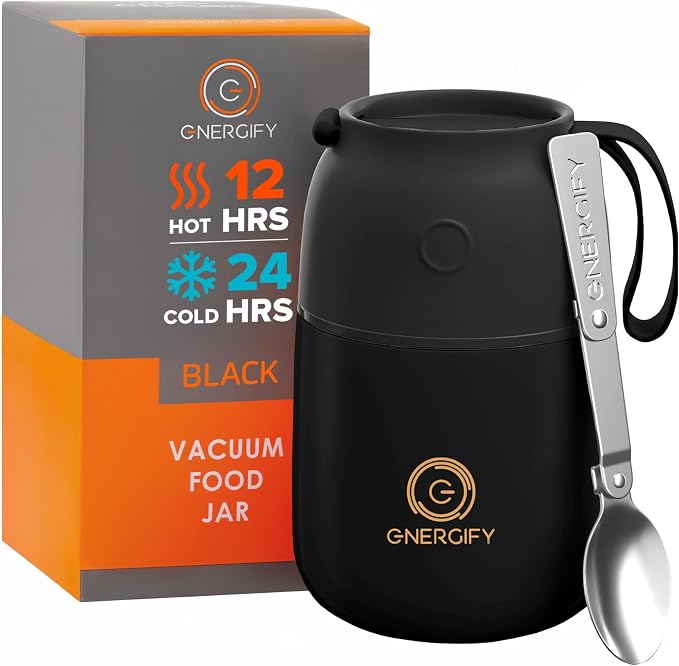 ENERGIFY Vacuum Insulated Food Jar. Large 17oz Bowl incl. Folding Spoon, Cup. Wide Mouth Keep Hot & Cold Drinks Soup Lunch Container for Adults. BPA-Free Stainless Steel, Leak Prooff Black Matte