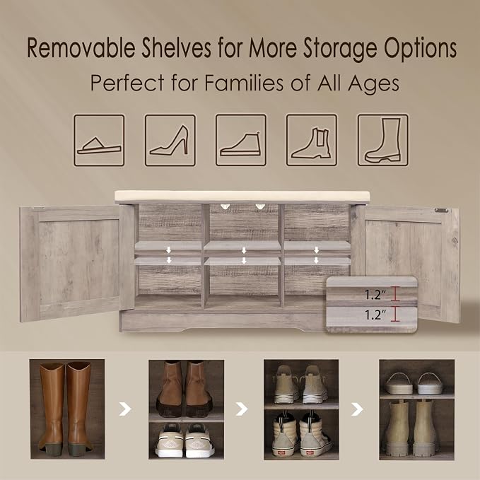 DINZI LVJ Shoe Bench, Entryway Storage Bench with Doors, Cushion, 2-Tier Shoe Rack with 6-Cubby, 31.5”L x 13.8”W Shoe Organizer Cabinet, Adjustable Shelf, Living Room, Bedroom, Greige