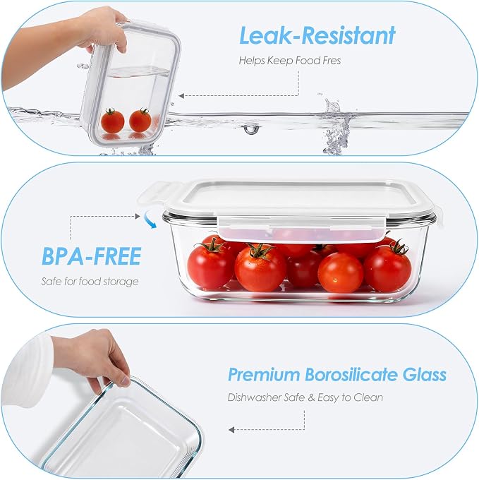 2 Pack 78 Oz / 9.8 Cups Large Glass Food Storage Containers with Lids, Borosilicate Glass Meal Prep & Baking Containers, Airtight Leakproof, Microwave Oven Freezer Dishwasher Safe, BPA Free