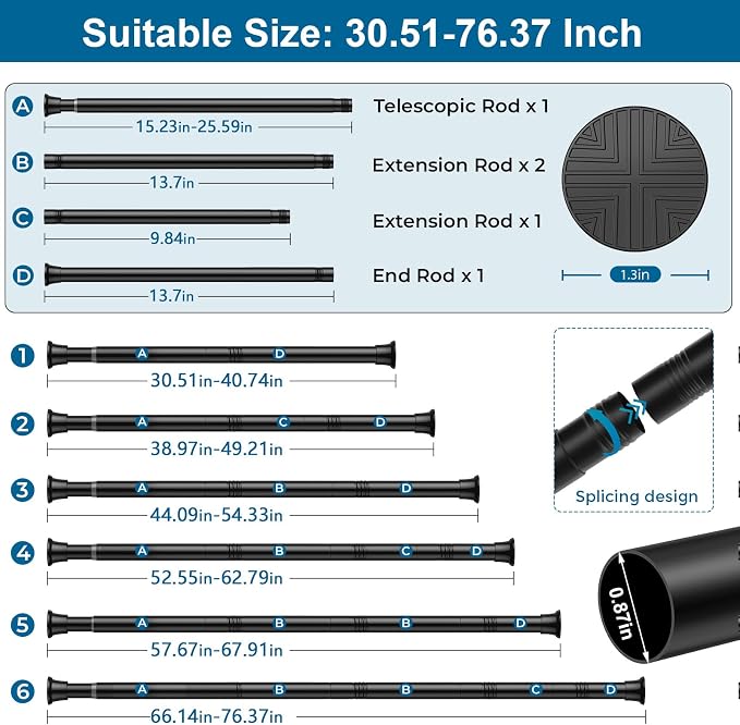 Tension Curtain Rod, 31-76in Black No Drill Shower Curtain Rods | High Carbon Steel, 7/8inch Spring Rod Diameter, Adjustable Length for Bedroom, Doorway, Closet, Kitchen,Bathroom
