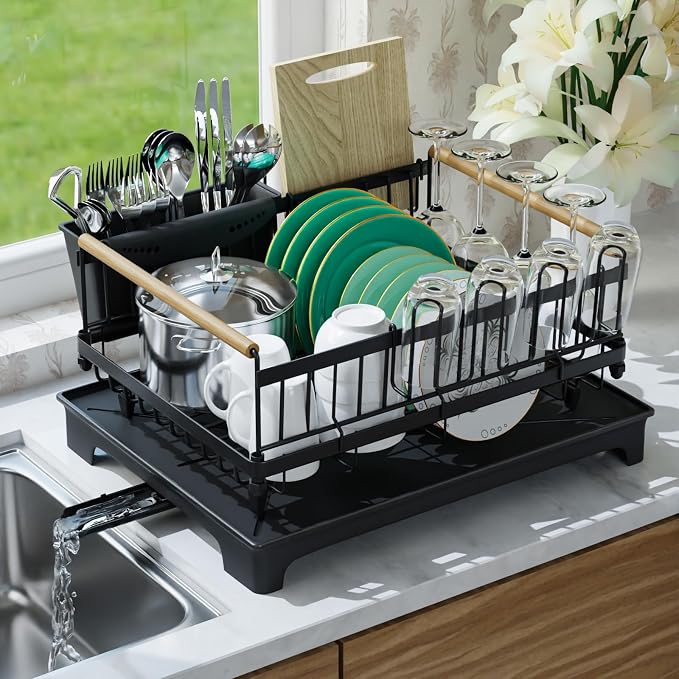 Dish Rack for Kitchen Rustproof Steel Dish Drying Rack for Kitchen Counter Anti-Rust Dish Strainer with Drainboard, Cup Holder, Utensil & Cutting Board Organizer, Heavy Duty Metal | Holds 12 Dishes, Drainboard Set, Cutlery Holder, Rust Resistant, Space...