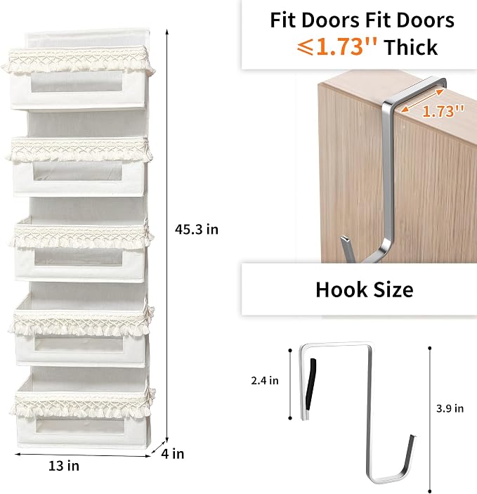 Aokeyee 5 Tier Over Door Organizer Nursery with Tassels and Clear Window | Boho Door Organizer Hanging, 65lb Behind The Door Storage for Bedroom Bathroom