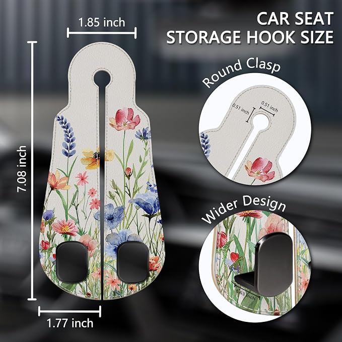 Blusabaca 2PCS Car Seat Headrest Hooks, Purses Bags Holder, Vibrant Floral | PU Leather, Double Metal Back Storage Hangers for Grocery Bags Handbags Bottles Coats Phones, Car Accessories Organization