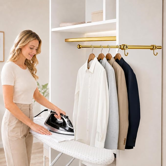 12" Valet Rod for Closets Pull Out, Closet Valet Rod Slide Out with 2 Hooks, Brushed Gold
