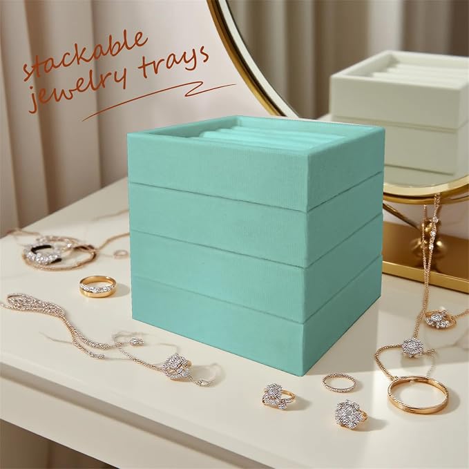 SCIKHETF Velvet Ring Earrings Studs organizer Tray Small Ring Insert Display Tray 5 Slots Stackable (Light Blue)