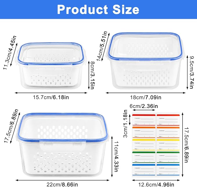 3 Pack Fruit Storage Containers for Fridge with Removable Colander,Airtight Produce Storage Containers with Lids Label Sheets, BPA-Free Berry Keeper for Fruit, Salad, Berry, Fresh(29oz+59oz+112oz)
