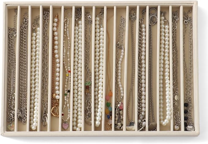 Large Jewelry Organizer for Drawer Insert Velvet Stackable Jewelry Trays for Earring Necklace Bracelet Ring Display (Beige, 16 Grids)