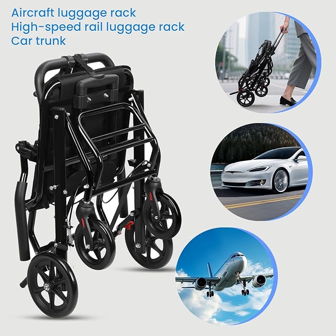 Portable Folding Transport Wheelchair,Transport Wheelchair Lightweight Foldable,Tran Sport Wheelchairs Lightweight Foldable Wheel Chair for Adults,Travel Wheel Chair for Elderly (Black)