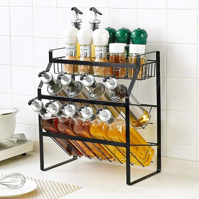 Tomorotec 3-Tier Spice Rack, Metal Kitchen Counter Shelf Organizer, Black | Sturdy Steel Frame with Anti-Rust Coating and Non-Slip Pads for Spices, Oils, Liquor Bottles and Bathroom Essentials