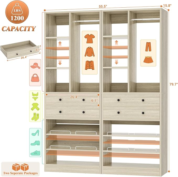 Besiost Closet System, 55.5"/4.6 FT Closet Organizer System with Drawers and Shelves, Walk-in Closets Systems for Small Closets, Free Standing Reach in Closet Tower, Load 1200+LBS, Greige 2 Pack