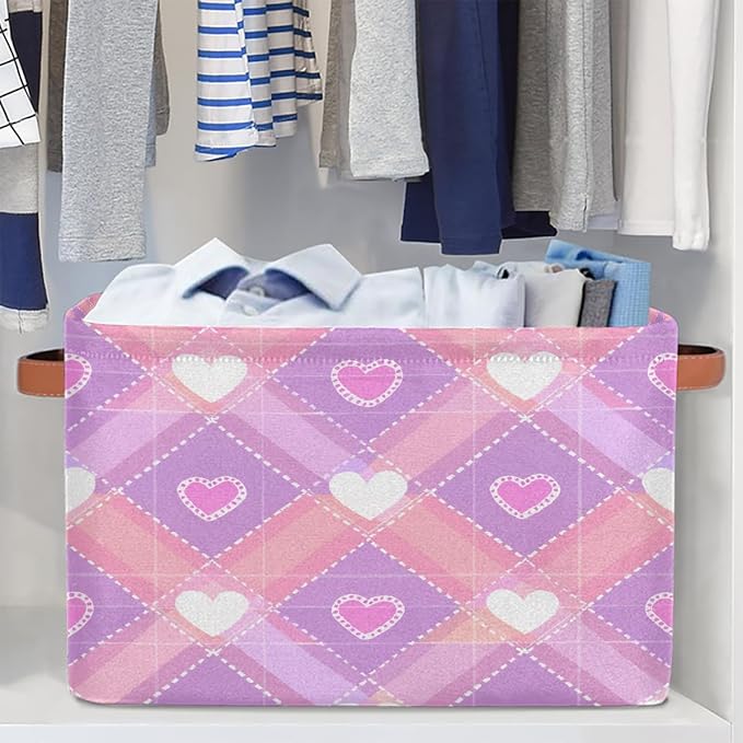 Rectangular Storage Baskets Pink Heart Diamond Fabric Storage Bin Toy Organizer Box with PU Leather Handles for Room Decor