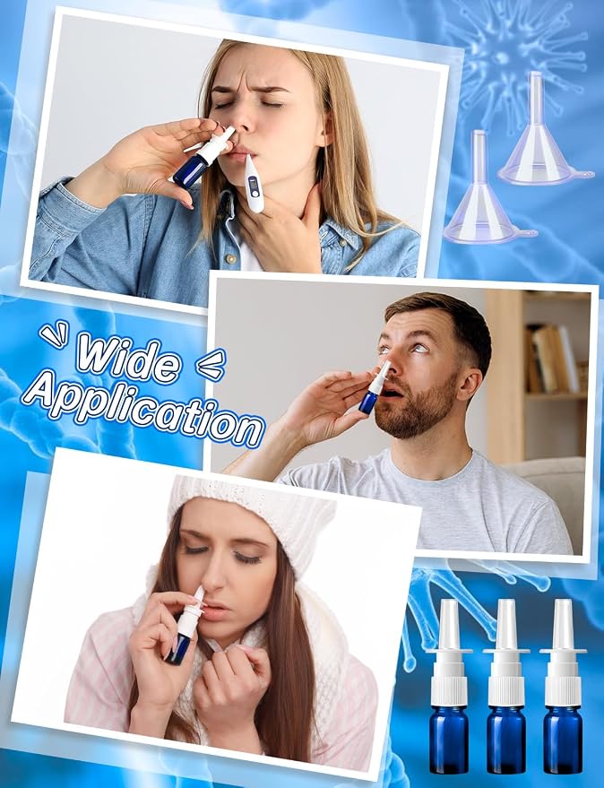 20 Pcs Nasal Spray Bottle, 5ML/0.17OZ 12 Pcs Blue Glass Refillable Nasal Spray Bottles Empty with 4 Funnels and 4 Labels