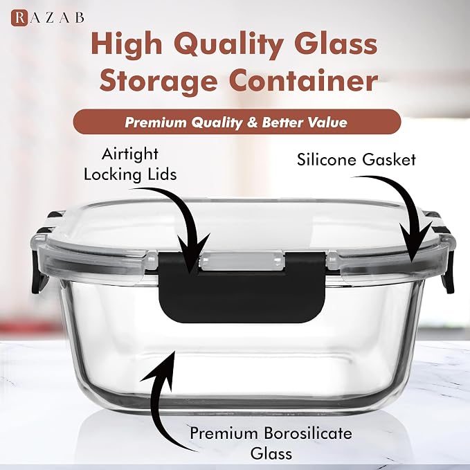 Razab 2 PC 1200ML / 41 Oz Glass Food Storage Containers with Lids - Airtight & Leakproof - Microwave/Oven/Freezer Safe - BPA Free - Ideal for Meal Prep, Storing Leftover & Lunch