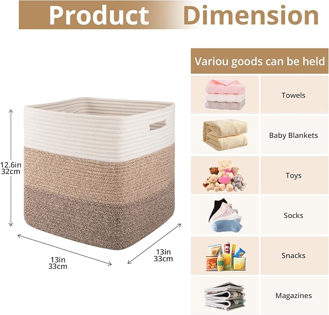 OIAHOMY 13 Inch Cube Storage Bins, 3-Pack Cotton Rope Woven Baskets for Organizing, Insert Storage Baskets for Shelves, Baby Nursery, Closet Organizer, 13 * 13 * 12.6IN, Gradient Brown