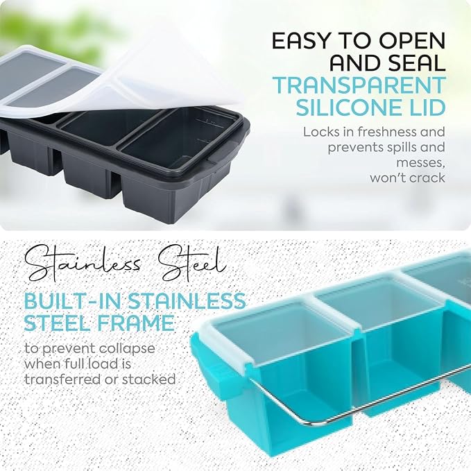 Silicone Freezer Tray With Lid-Soup Freezer Container molds-Large Ice Cube Tray Set Makes 1-Cup & 2-Cup portions cubes Perfect for preparing meals in different portion sizes Oven & Dishwasher -Safe