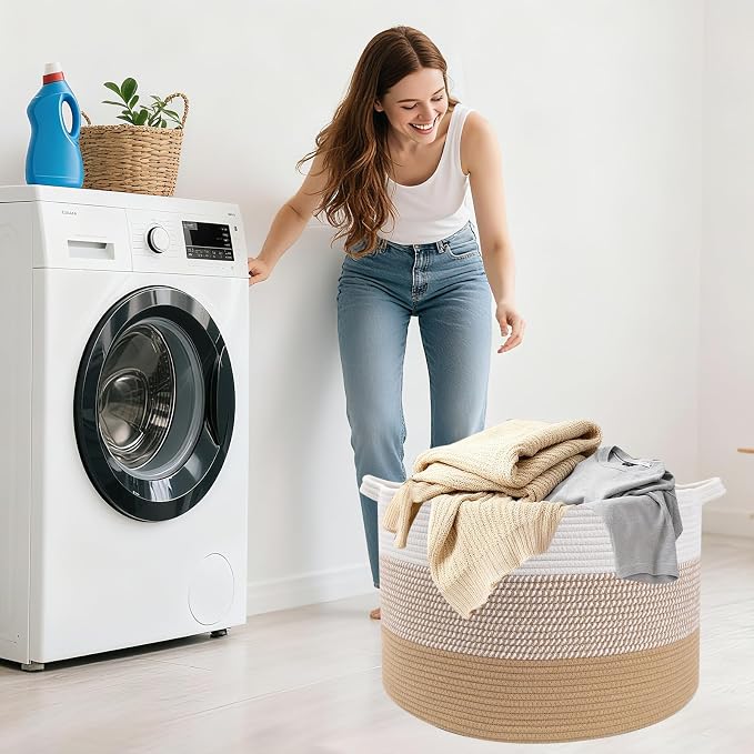 115L Large Blanket Basket,23.6"L x 23.6"W x 15.7"H Rope Woven Baskets with Handles, Toys Storage Bins,Laundry Basket Perfect for Living Room, Nursery,Bedroom,Home Organization,Yellow
