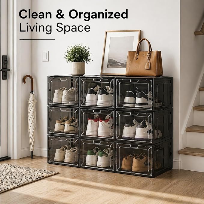 Translucent Black Shoe Storage Boxes, 2026 2nd Gen Thickened Hard Plastic Stackable Organizer with Magnetic Door, Folding Shoe Racks for Closet, Premium Sneaker Display Cases, 6 Pack