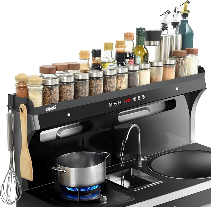 OTraki Magnetic Stove Top Shelf Spice Rack for Stove Adjustable 16-32 inch Stainless Steel Over the Stove Shelf Magnetic Rack Seasoning Organizer with 4 Hook Black | Stainless Steel Over the Stove Shelf Magnetic Rack Seasoning Organizer with 4 Hook Black