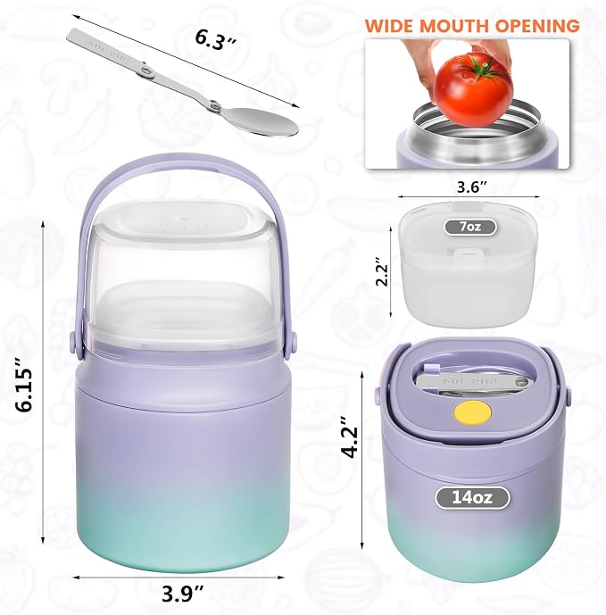 2 - in - 1 Soup Thermo for Hot Food 14oz with Snack Box Container Leak Proof Insulated Lunch Container Kids and Adults Stainless Steel Double Wall Vacuum Wide-mouth Thermal with Spoon and Handle