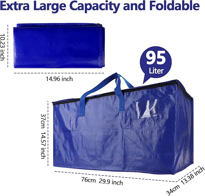 8 Pack Real 100lb Capacity Heavy Duty Moving Bags with Strong Zippers and Reinforced Handles, Extra Large Storage Totes for Packing & Moving Storing, Space Saving Alternative to Moving Boxes-95L,Blue