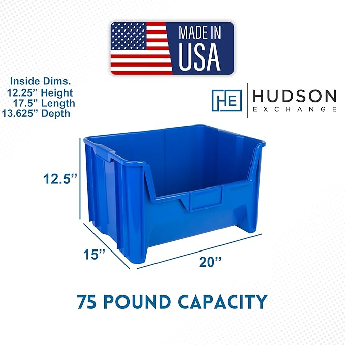 Hudson Exchange 20" x 15" x 12.5" (3 Pack) Plastic Giant Stackable Hopper Bin Container, Blue