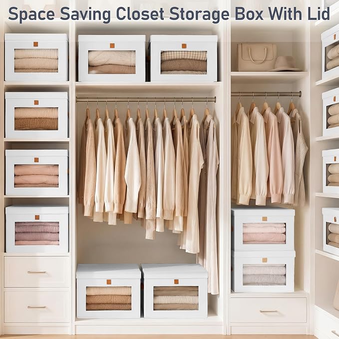 DIMJ Storage Bins with Lids - 4 Pack Front Opening Stackable Fabric Storage Boxes with Clear Window & Handles, Collapsible Closet Organizers for Clothes, Sweaters, Shelf Storage, Bedroom, White