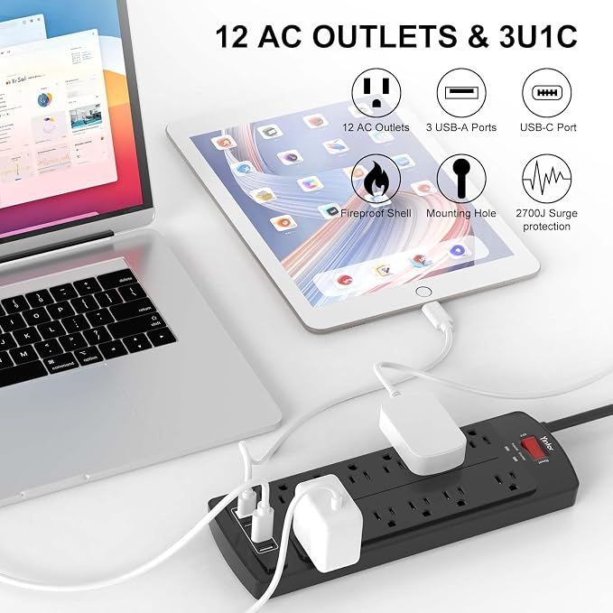 6 Feet Extension Cord Power Strip, Yintar Surge Protector with 12 AC Outlets and 4 USB Ports, 2700 Joules, ETL Listed, Black