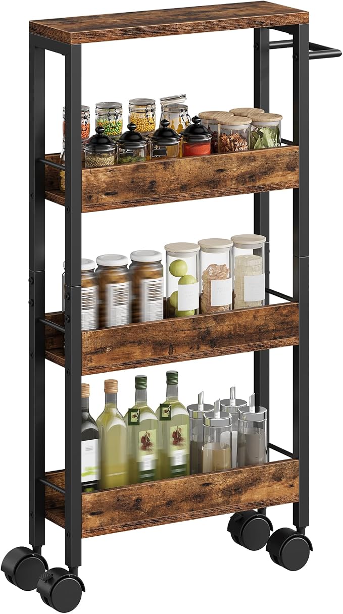 CHOEZON 4-Tier Slim Storage Cart, 5.1'' Kitchen Serving Trolley, Slim Rolling Cart with Handle and Guard Rails, Slim Cabinet for Small Spaces, for Dining Room, Rustic Brown and Black TTC01BF