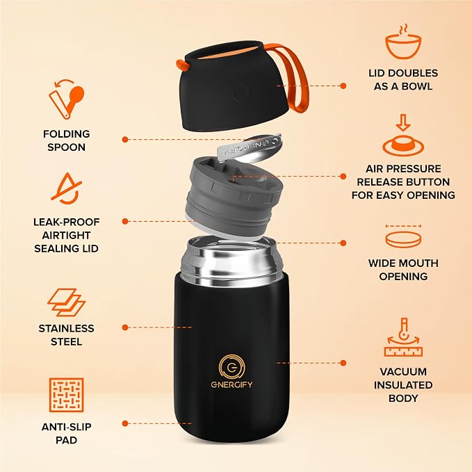 Vacuum Insulated Food Jar. Large 24oz Bowl incl. Folding Spoon, Cup. Wide Mouth Keep Hot & Cold Drinks Soup Lunch Container for Adults. BPA-Free Stainless Steel, Leak Proof Black Matte