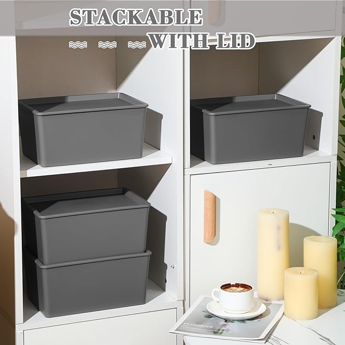 Menkxi 4 Pcs Storage Bins with Lids Plastic Stackable Containers for Organizing Shelves Christmas Ornament Box Baskets(Gray,Large)