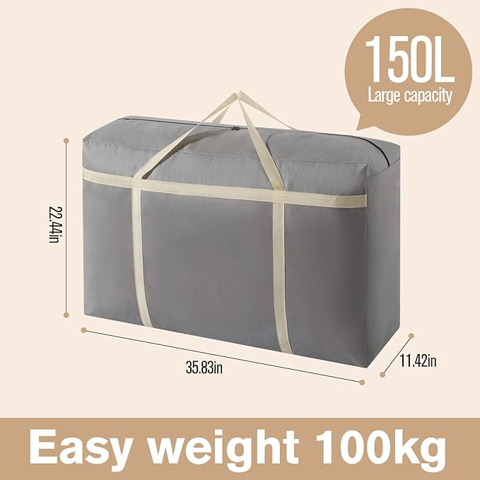 3 Pack 150L Extra Large Moving Bags with Zippers & Carrying Handles, Heavy-Duty Storage Tote Moving Boxes for Space Saving(grey, 3Pack*150L)